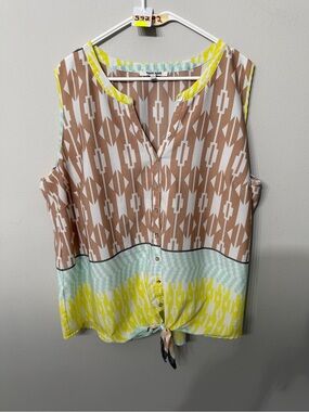 Daniel Rainn Geometric Tie-Hem Sleeveless Blouse in Brown, Mint & Yellow